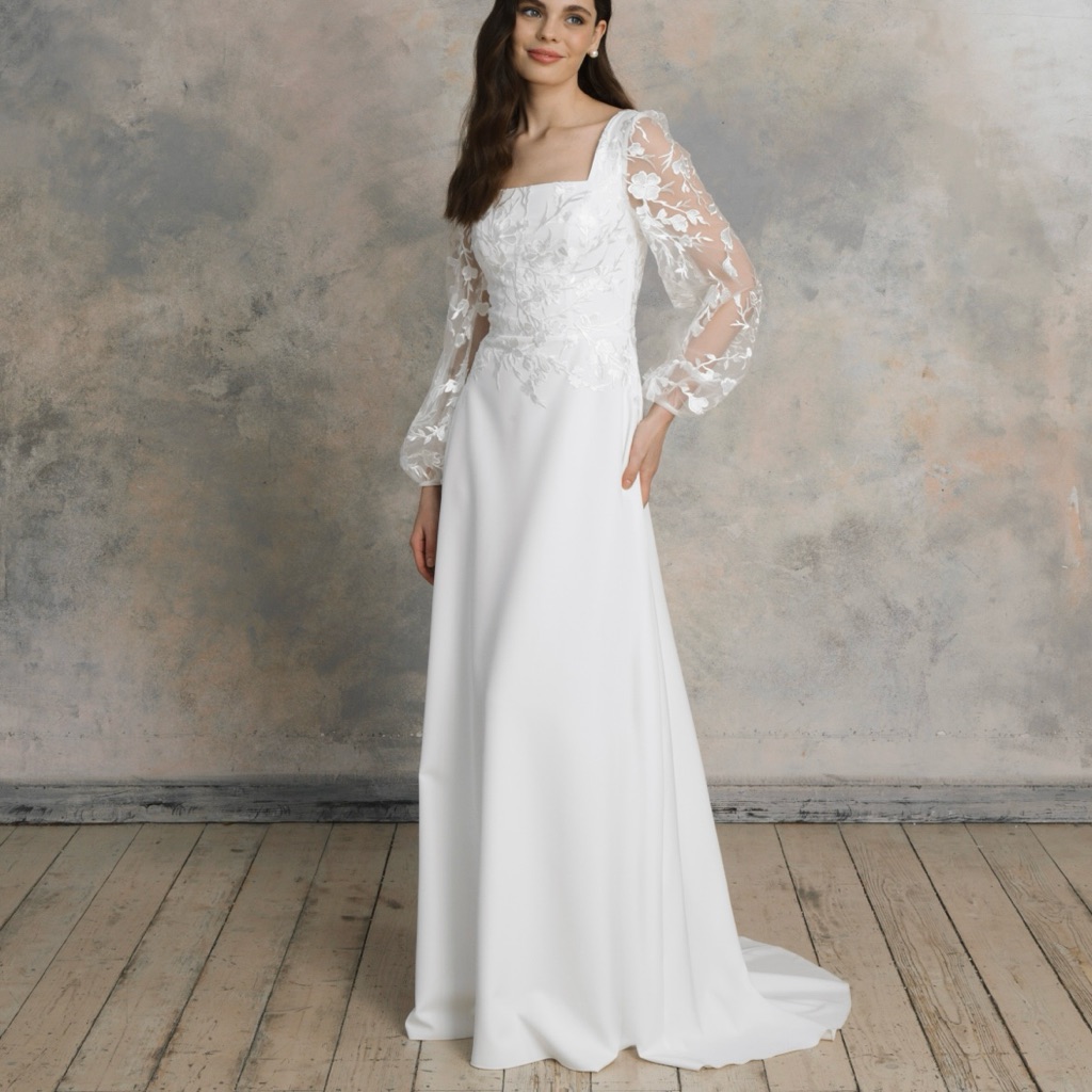 Piondress Elegant Square Neck Wedding Dress With Floral Embroidered Sleeves